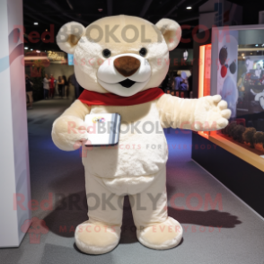 Cream Teddy Bear mascot costume character dressed with a Long Sleeve Tee and Wallets