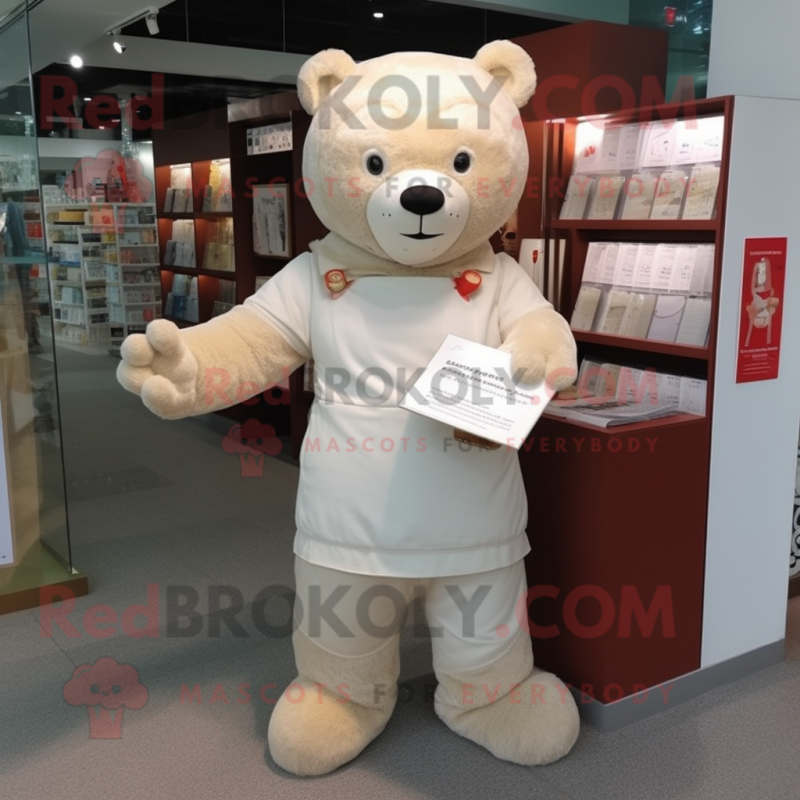 Cream Teddy Bear mascot costume character dressed with a Long Sleeve Tee and Wallets Cream Teddy Bear mascot costume character dressed with a Long Sleeve Tee and Wallets