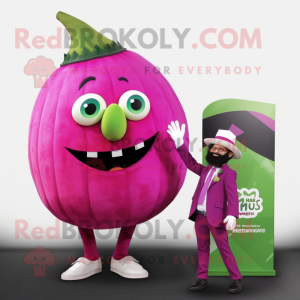 Magenta Melon mascot costume character dressed with a Suit and Watches