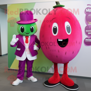 Magenta Melon mascot costume character dressed with a Suit and Watches