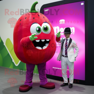 Magenta Melon mascot costume character dressed with a Suit and Watches