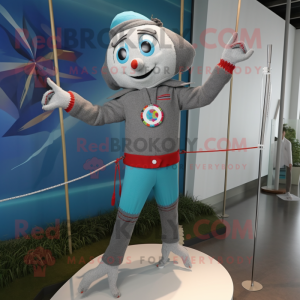 Gray Tightrope Walker mascot costume character dressed with a Windbreaker and Brooches