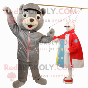 Gray Tightrope Walker mascot costume character dressed with a Windbreaker and Brooches