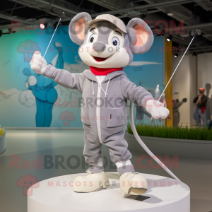 Gray Tightrope Walker mascot costume character dressed with a Windbreaker and Brooches