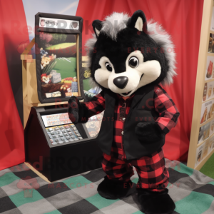 Black Skunk mascot costume character dressed with a Flannel Shirt and Wallets