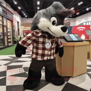 Black Skunk mascot costume character dressed with a Flannel Shirt and Wallets