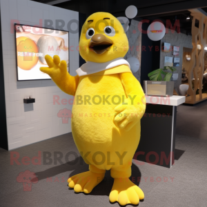 Yellow Penguin mascot costume character dressed with a Henley Tee and Earrings