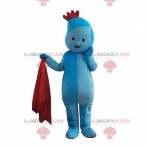 Mascotte de personnage bleu avec une crête rouge, costume bleu
