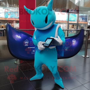 Cyan Manta Ray mascot costume character dressed with a Leggings and Digital watches