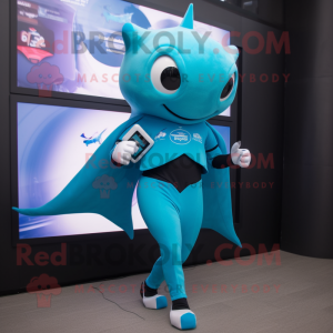 Cyan Manta Ray mascot costume character dressed with a Leggings and Digital watches