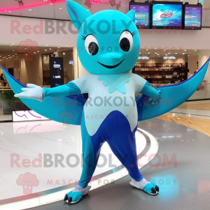 Cyan Manta Ray mascot costume character dressed with a Leggings and Digital watches