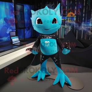 Cyan Manta Ray mascot costume character dressed with a Leggings and Digital watches