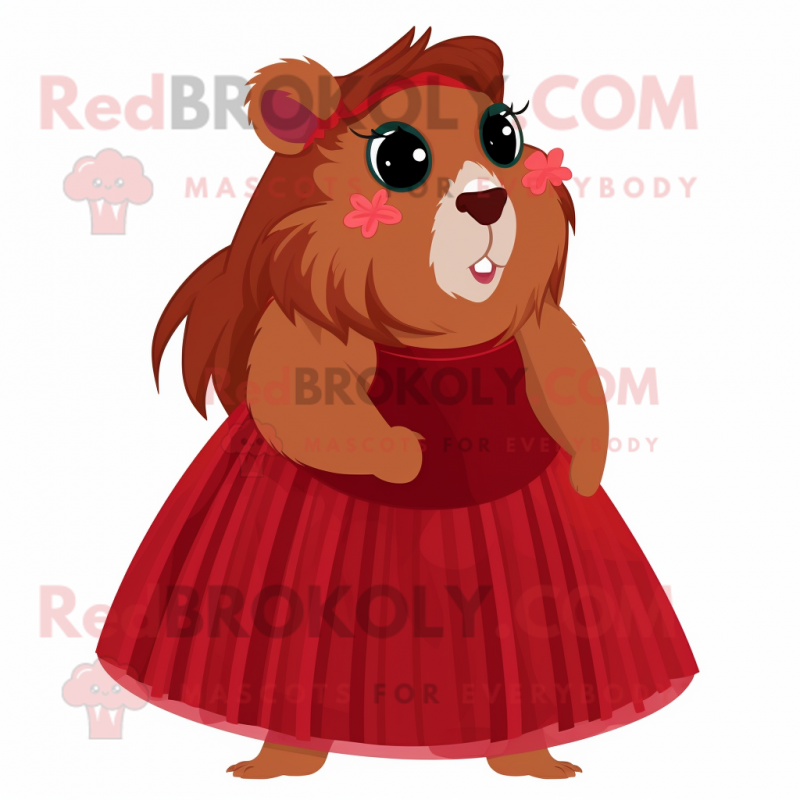 Maroon Guinea Pig mascot costume character dressed with a Midi Dress and Earrings Maroon Guinea Pig mascot costume character dressed with a Midi Dress and Earrings