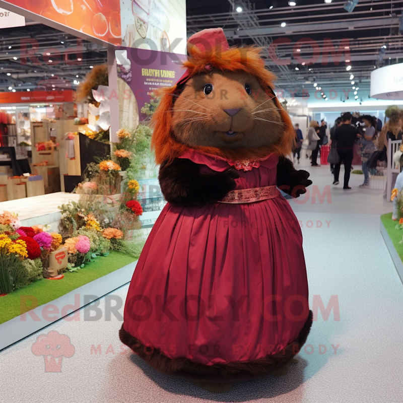 Maroon Guinea Pig mascot costume character dressed with a Midi Dress and Earrings