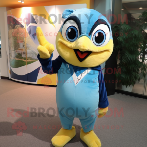 Lemon Yellow Blue Jay mascot costume character dressed with a Jumpsuit and Tie pins