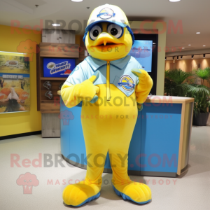 Lemon Yellow Blue Jay mascot costume character dressed with a Jumpsuit and Tie pins