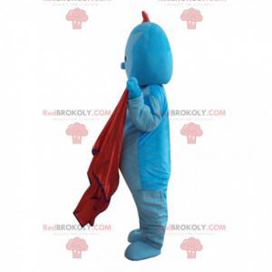 Blaues Charakter-Maskottchen mit einem roten Wappen, blaues