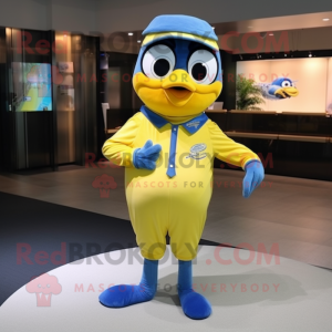 Lemon Yellow Blue Jay mascot costume character dressed with a Jumpsuit and Tie pins