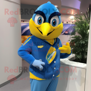 Lemon Yellow Blue Jay mascot costume character dressed with a Jumpsuit and Tie pins