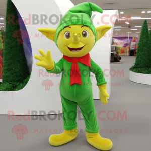 Lime Green Elf mascot costume character dressed with a Corduroy Pants and Pocket squares