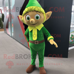 Lime Green Elf mascot costume character dressed with a Corduroy Pants and Pocket squares