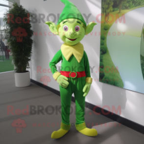 Lime Green Elf mascot costume character dressed with a Corduroy Pants and Pocket squares