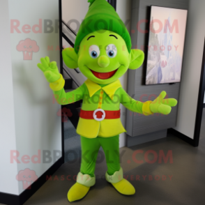 Lime Green Elf mascot costume character dressed with a Corduroy Pants and Pocket squares