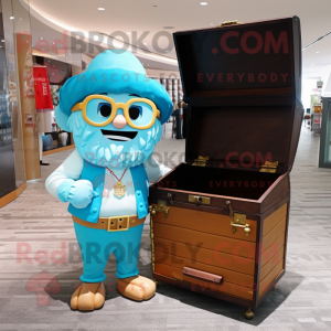 Sky Blue Treasure Chest mascot costume character dressed with a Vest and Reading glasses