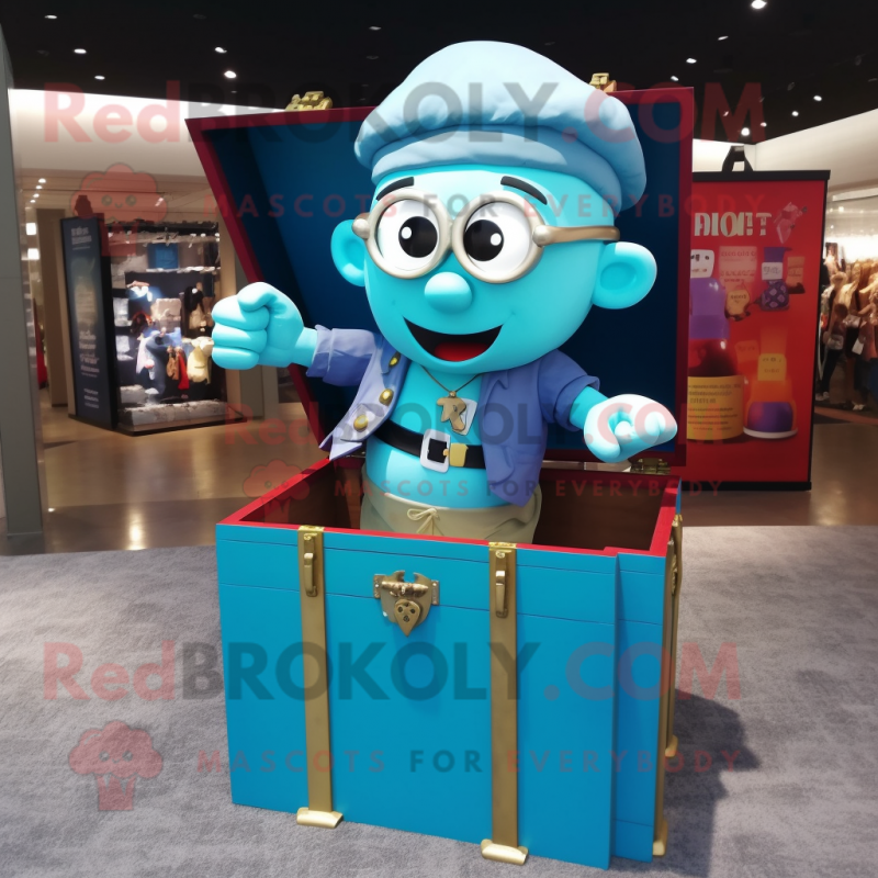 Sky Blue Treasure Chest mascot costume character dressed with a Vest and Reading glasses