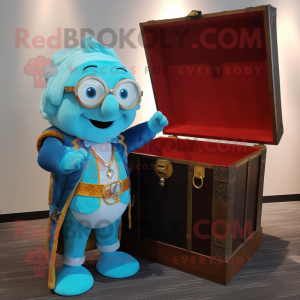 Sky Blue Treasure Chest mascot costume character dressed with a Vest and Reading glasses