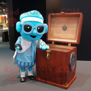 Sky Blue Treasure Chest mascot costume character dressed with a Vest and Reading glasses