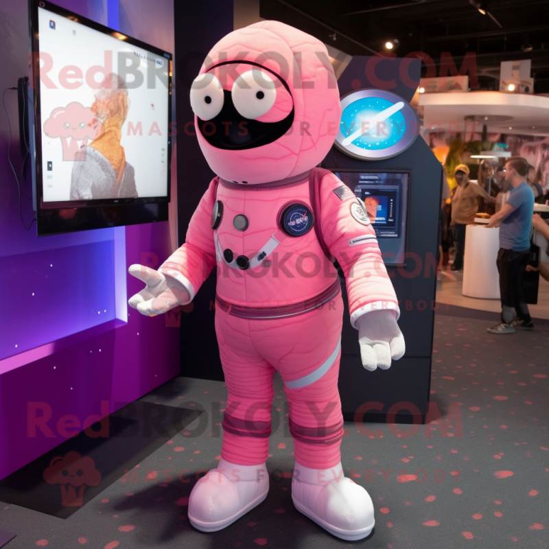 Pink Astronaut mascot costume character dressed with a Henley Shirt and Anklets Pink Astronaut mascot costume character dressed with a Henley Shirt and Anklets