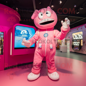 Pink Astronaut mascot costume character dressed with a Henley Shirt and Anklets