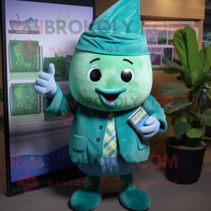 Teal Turnip mascot costume character dressed with a Hoodie and Pocket squares