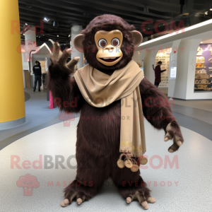 Brown Monkey mascot costume character dressed with a Ball Gown and Scarves