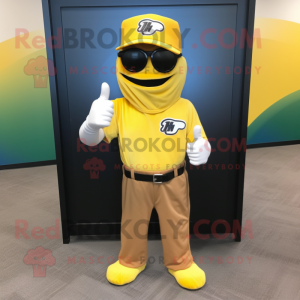 Yellow Baseball Glove mascot costume character dressed with a Cargo Pants and Sunglasses