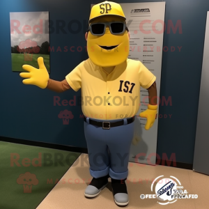 Yellow Baseball Glove mascot costume character dressed with a Cargo Pants and Sunglasses