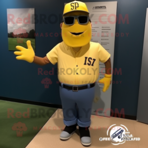 Yellow Baseball Glove mascot costume character dressed with a Cargo Pants and Sunglasses