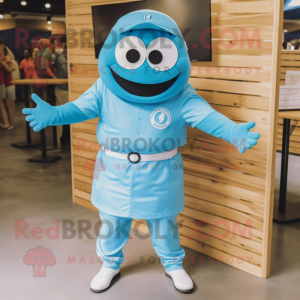 Sky Blue Bagels mascot costume character dressed with a Polo Shirt and Belts