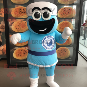 Sky Blue Bagels mascot costume character dressed with a Polo Shirt and Belts