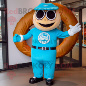 Sky Blue Bagels mascot costume character dressed with a Polo Shirt and Belts