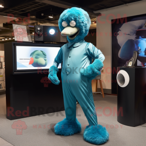 Cyan Ostrich mascot costume character dressed with a Jumpsuit and Cufflinks