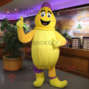 Yellow Eggplant mascot costume character dressed with a Capri Pants and Bracelet watches