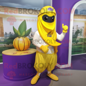 Yellow Eggplant mascot costume character dressed with a Capri Pants and Bracelet watches