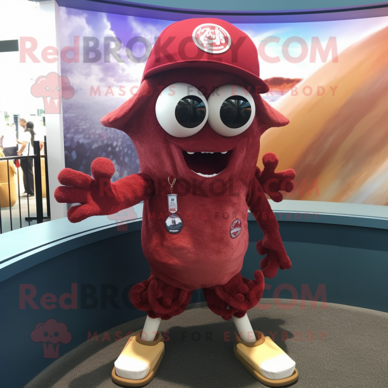 Maroon Fried Calamari mascot costume character dressed with a Bermuda Shorts and Keychains