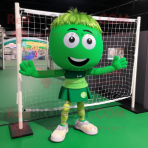 Green Volleyball Net mascot costume character dressed with a Mini Skirt and Briefcases