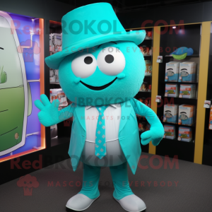 Turquoise Pho mascot costume character dressed with a Waistcoat and Tie pins