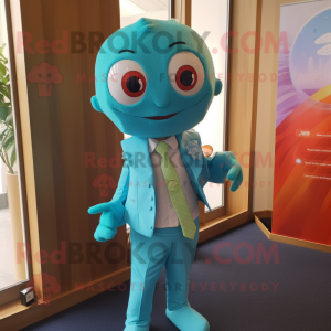 Turquoise Pho mascot costume character dressed with a Waistcoat and Tie pins