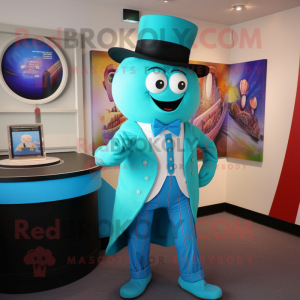 Turquoise Pho mascot costume character dressed with a Waistcoat and Tie pins