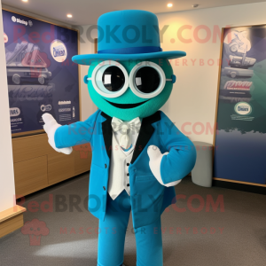 Turquoise Pho mascot costume character dressed with a Waistcoat and Tie pins